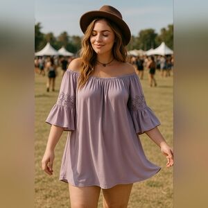 Lavender Off Shoulder Tunic Dress Embroidered Bell‎ Sleeves Boho Flowy Plus 1X